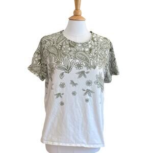 Talbots Cotton Stretch Short Sleeve T-Shirt, Olive Green Floral Print, Size 2X
